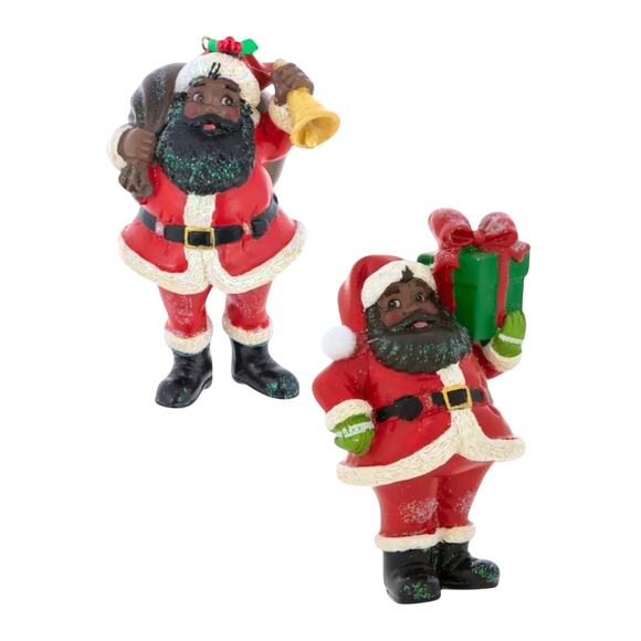 2 Black Santa Christmas Ornament Gift Box & Bell 4.5 in New - Picture 1 of 3